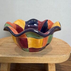 Tabletops Gallery Caracas 7" Ruffled Bowl Hand Painted Colorful Patchwork